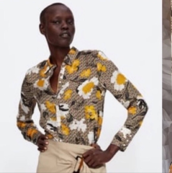 ZARA blouse green, burgundy w/ yellow floral print - Picture 2 of 6
